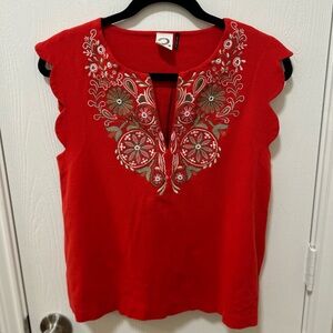 Akemi + Kin Red Embroidered V Neck Scallop Sleeve Blouse With Beaded Sz S
